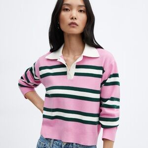 Mango Striped Polo Neck Sweater Pink Green White Medium